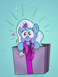 Size: 918x1206 | Tagged: safe, artist:susiebeeca, character:trixie, species:pony, blushing, bow, box, bronybait, cute, diatrixes, female, heart, horn bow, pony in a box, present, solo