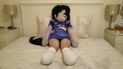 Size: 5312x2988 | Tagged: safe, artist:bigsexyplush, artist:somethingaboutoctavia, character:octavia melody, species:anthro, anthro plushie, bed, bedroom eyes, capcom, chun li, clothing, costume, crossover, doll, dress, female, irl, outfit, panties, pantyhose, photo, plushie, sash, skirt, socks, solo, street fighter, thunder thighs, tights, toy, underwear, wide hips