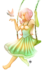 Size: 873x1365 | Tagged: safe, artist:cabbage-arts, character:fluttershy, species:bird, species:human, barefoot, clothing, dress, feet, female, humanized, sitting, smiling, solo, swing