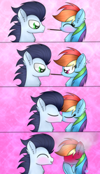 Size: 1024x1792 | Tagged: safe, artist:northlights8, character:rainbow dash, character:soarin', species:pony, ship:soarindash, blushing, blushing profusely, cute, ear blush, embarrassed, female, food, kissing, male, pocky, pocky game, shipping, straight