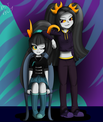 Size: 2499x2945 | Tagged: safe, artist:mit-boy, character:aria blaze, character:sonata dusk, my little pony:equestria girls, boots, chair, clothing, crossover, duo, fangs, homestuck, horns, midriff, one eye closed, pants, pigtails, ponytail, shoes, signature, sitting, skirt, trollified, trolls