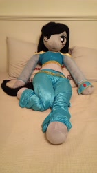 Size: 2988x5312 | Tagged: safe, artist:bigsexyplush, artist:somethingaboutoctavia, character:octavia melody, species:anthro, absurd resolution, anthro plushie, bed, bedroom eyes, belly, belly button, belly dancer, clothing, costume, crossover, cute, disney, doll, female, irl, midriff, outfit, photo, plushie, princess jasmine, saddle arabian, solo, tavibetes, thunder thighs, toy, wide hips