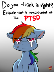 Size: 600x800 | Tagged: dead source, safe, artist:norang94, character:rainbow dash, episode:newbie dash, g4, my little pony: friendship is magic, crying, engrish, female, gradient background, grammar error, ptsd, solo