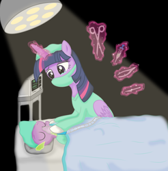 Size: 2235x2272 | Tagged: safe, artist:deannaphantom13, character:spike, character:twilight sparkle, character:twilight sparkle (alicorn), species:alicorn, species:pony, clothing, commission, doctor, doctor twilight, female, gloves, hoof gloves, hospital, latex, latex gloves, mare, rubber gloves, surgeon