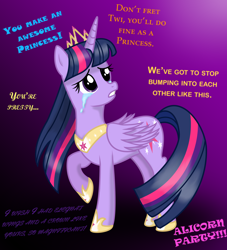 Size: 2000x2203 | Tagged: safe, artist:deannaphantom13, character:twilight sparkle, character:twilight sparkle (alicorn), species:alicorn, species:pony, crying, female, hoof shoes, immortality blues, impled rainbow dash, implied applejack, implied flash sentry, implied fluttershy, implied pinkie pie, implied rarity, mare, purple background, sad, simple background, solo, twilight will outlive her friends