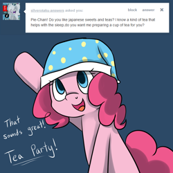 Size: 1000x1000 | Tagged: safe, artist:maplesunrise, character:pinkie pie, ask, ask snuggle pie, clothing, cute, dialogue, diapinkes, female, hat, nightcap, no catchlights, solo, tumblr