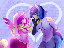 Size: 1000x753 | Tagged: safe, artist:cabbage-arts, character:princess cadance, character:shining armor, species:human, clothing, dress, eared humanization, horned humanization, humanized, military uniform, tailed humanization, winged humanization