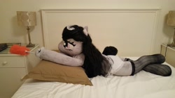 Size: 5312x2988 | Tagged: safe, artist:bigsexyplush, artist:somethingaboutoctavia, character:octavia melody, species:anthro, absurd resolution, anthro plushie, bed, bedroom, bedroom eyes, clothing, costume, crossed legs, doll, duster, female, irl, lying down, maid, octamaid, outfit, panties, photo, pillow, plot, plushie, socks, socktavia, solo, stockings, tail bun, thigh highs, thunder thighs, toy, underwear, white underwear, wide hips