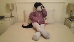 Size: 5312x2988 | Tagged: safe, artist:bigsexyplush, artist:somethingaboutoctavia, character:octavia melody, species:anthro, absurd resolution, anthro plushie, bed, bedroom eyes, clothing, crossed legs, cute, doll, female, hoodie, irl, photo, plushie, solo, toy