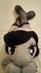 Size: 2988x5312 | Tagged: safe, artist:bigsexyplush, artist:somethingaboutoctavia, character:octavia melody, species:anthro, anthro plushie, arm hooves, bed, bedroom, clothing, costume, cute, doll, female, irl, looking at you, lying down, maid, octamaid, outfit, photo, plushie, socks, socktavia, solo, stockings, tavibetes, thigh highs, toy