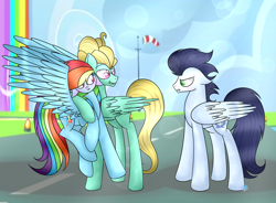 Size: 1024x755 | Tagged: dead source, safe, artist:northlights8, character:rainbow dash, character:soarin', character:zephyr breeze, species:pony, episode:flutter brutter, g4, my little pony: friendship is magic, female, implied shipping, implied soarindash, implied straight, jealous, male, shipping, straight, zephdash