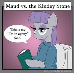 Size: 618x611 | Tagged: safe, artist:susiebeeca, character:maud pie, species:pony, 30 minute art challenge, agony, book, but why, clothing, dialogue, female, kidney stone, misspelling, sitting, solo, stoic, toilet