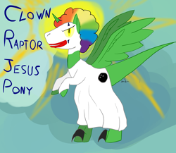 Size: 2300x2000 | Tagged: safe, artist:short circuit, species:pony, claws, clothing, cloud, clown, clown makeup, clown wig, dinosaur, high res, hooves, horn, jesus christ, lightning, makeup, ponified, raptor jesus, signature, sky, solo, text, velociraptor, wat, wings