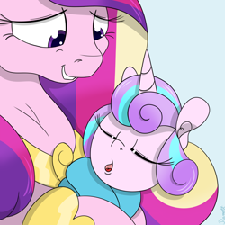 Size: 1200x1200 | Tagged: safe, artist:ramott, character:princess cadance, character:princess flurry heart, species:pony, baby, baby blanket, baby pony, cradling, holding a pony, mama cadence, mother and daughter, newborn, sleepy, swaddling, yawn