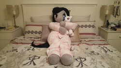 Size: 5312x2988 | Tagged: safe, artist:bigsexyplush, artist:somethingaboutoctavia, character:dj pon-3, character:octavia melody, character:vinyl scratch, species:anthro, anthro plushie, bed, bedroom eyes, build-a-bear, clothing, cuddling, cute, doll, hug, irl, pajamas, photo, plushie, snuggling, tavibetes, thunder thighs, toy, wide hips