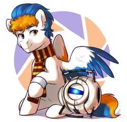 Size: 1127x1080 | Tagged: safe, artist:maccoffee, oc, species:pegasus, species:pony, clothing, heterochromia, looking at you, personality core, ponified, portal (valve), portal 2, raised hoof, scarf, smiling, spread wings, wheatley, wings