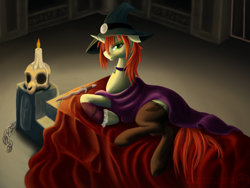 Size: 1600x1200 | Tagged: safe, artist:adalbertus, oc, oc only, oc:amber drop, altar, bedroom eyes, candle, chains, clothing, collar, dagger, dress, halloween, hat, looking at you, see-through, skull, smiling, socks, solo, stockings, weapon, witch hat