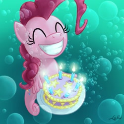Size: 1280x1280 | Tagged: safe, artist:giantmosquito, character:pinkie pie, species:sea pony, bubble, cake, candle, eyes closed, female, hilarious in hindsight, how, pinkie being pinkie, pinkie physics, seahorse, seapony pinkie pie, smiling, solo, species swap, underwater