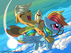 Size: 800x600 | Tagged: safe, artist:rangelost, character:applejack, character:rainbow dash, duo, female, flying, harness, pixel art, ponies riding ponies, rainbow trail