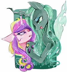 Size: 877x939 | Tagged: safe, artist:sibashen, character:princess cadance, character:queen chrysalis, abstract background, bust, duo, floppy ears, looming over, open mouth, portrait, raised hoof