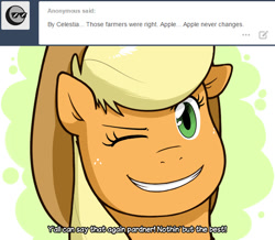 Size: 623x543 | Tagged: safe, artist:redhotkick, character:applejack, female, one eye closed, solo, wink
