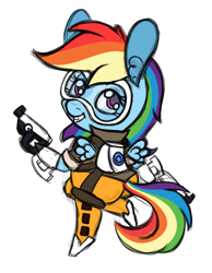 Size: 930x1200 | Tagged: safe, artist:ramott, character:rainbow dash, chibi, crossover, female, overwatch, rainbow tracer, solo, tracer