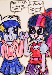 Size: 912x1300 | Tagged: safe, artist:blazingdazzlingdusk, character:minuette, character:twilight sparkle, character:twilight sparkle (scitwi), species:eqg human, my little pony:equestria girls, drawing, duo, friends, traditional art, waving