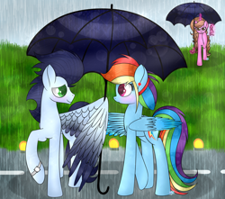 Size: 1024x905 | Tagged: dead source, safe, artist:northlights8, character:rainbow dash, character:soarin', oc, species:pony, ship:soarindash, colored wings, colored wingtips, female, male, rain, shipper on deck, shipping, straight, umbrella