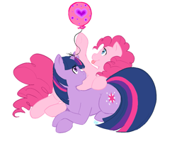Size: 1265x1077 | Tagged: safe, artist:collaredginger, character:pinkie pie, character:twilight sparkle, species:pony, ship:twinkie, balloon, female, lesbian, mare, shipping, tongue out