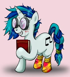 Size: 503x548 | Tagged: safe, artist:susiebeeca, character:dj pon-3, character:vinyl scratch, acne, braces, braid, checkered socks, clothing, female, glasses, messy mane, nerd, socks, solo