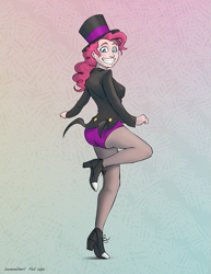 Size: 851x1100 | Tagged: safe, artist:lemondevil, character:pinkie pie, species:human, abstract background, breasts, clothing, female, grin, hat, humanized, looking back, pantyhose, pointed breasts, rear view, smiling, solo, top hat, tuxedo