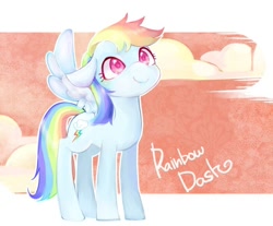 Size: 700x580 | Tagged: safe, artist:sibashen, character:rainbow dash, cloud, colored pupils, female, looking up, smiling, solo