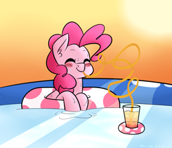 Size: 1227x1055 | Tagged: safe, artist:melodicmarzipan, character:pinkie pie, bendy straw, blushing, drinking straw, eyes closed, female, floating, inner tube, solo, swimming pool, water, wet
