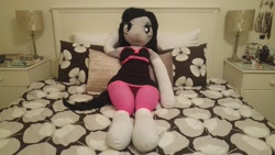 Size: 5312x2988 | Tagged: safe, artist:bigsexyplush, artist:somethingaboutoctavia, character:octavia melody, species:anthro, anime, anthro plushie, bed, bedroom eyes, clothing, cute, doll, dress, irl, lying down, magical girl, on back, pajamas, panties, pantyhose, photo, pillow, plushie, pose, shy, skirt, socks, stockings, thunder thighs, toy, underwear, wide hips