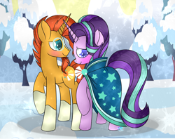 Size: 1024x813 | Tagged: safe, artist:northlights8, character:starlight glimmer, character:sunburst, ship:starburst, blushing, clothing, female, glasses, male, robe, shipping, snow, snowfall, starlight wearing sunburst's robe, straight, sunburst's glasses, sunburst's robe