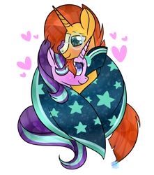 Size: 1024x1158 | Tagged: safe, artist:northlights8, character:starlight glimmer, character:sunburst, ship:starburst, blushing, cape, clothing, heart, male, shipping, straight