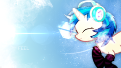Size: 1920x1080 | Tagged: safe, artist:amoagtasaloquendo, artist:uxyd, character:dj pon-3, character:vinyl scratch, species:pony, species:unicorn, clothing, eyes closed, female, headphones, lens flare, mare, nap, socks, solo, vector, wallpaper