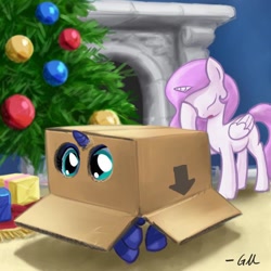 Size: 640x640 | Tagged: safe, alternate version, artist:giantmosquito, character:princess celestia, character:princess luna, species:pony, box, cardboard box, cewestia, christmas, christmas tree, cute, cutelestia, facehoof, female, filly, holiday, lunabetes, pink-mane celestia, pony in a box, present, tree, woona, younger