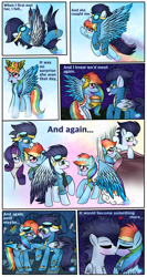 Size: 1024x1920 | Tagged: safe, artist:northlights8, character:rainbow dash, character:rarity, character:soarin', species:pegasus, species:pony, ship:soarindash, clothing, colored wings, colored wingtips, comic, dress, gala dress, heart, kissing, male, rainbow fash, shipping, straight, uniform, wonderbolts uniform