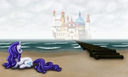 Size: 2500x1500 | Tagged: safe, artist:dahtamnay, character:rarity, species:pony, species:unicorn, alternate hairstyle, beach, bridge, castle, female, mare, prone, scenery, solo, water