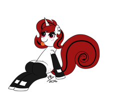 Size: 1550x1240 | Tagged: safe, artist:feralroku, derpibooru original, oc, oc only, oc:lilith, species:pony, species:unicorn, butt freckles, freckles, simple background, sitting, solo, tongue out, transparent background