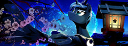 Size: 4000x1440 | Tagged: safe, artist:dormin-dim, character:princess luna, species:pony, cherry blossoms, crown, eyeshadow, female, jewelry, lantern, looking up, makeup, necklace, regalia, smiling, solo, spread wings, widescreen, wings