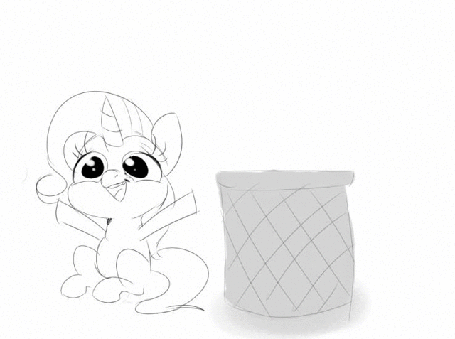 Size: 640x477 | Tagged: safe, artist:lunarmarshmallow, derpibooru original, character:trixie, species:pony, species:unicorn, animated, cursor, female, gif, into the trash it goes, mare, monochrome, open mouth, simple background, sitting, smiling, solo, trash can, where she belongs, white background, your waifu is trash