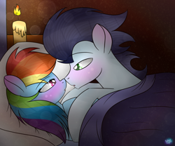 Size: 1024x853 | Tagged: dead source, safe, artist:northlights8, character:rainbow dash, character:soarin', species:pony, ship:soarindash, candlelight, drool, drool string, implied sex, kissing, male, shipping, straight