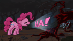 Size: 1920x1080 | Tagged: safe, artist:giantmosquito, character:pinkie pie, species:earth pony, species:pony, episode:friendship is magic, g4, my little pony: friendship is magic, everfree forest, eyes closed, female, laughter song, mare, photoshop, solo, sound effects, tree, wallpaper