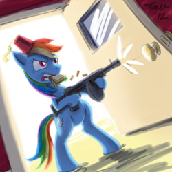 Size: 960x960 | Tagged: safe, artist:giantmosquito, character:rainbow dash, species:pegasus, species:pony, bipedal, clothing, crossover, drum magazine, female, fez, gun, hat, mare, mouth hold, sandwich, scarface, solo, submachinegun, tommy gun, weapon