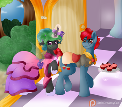 Size: 1024x896 | Tagged: safe, artist:littledreamycat, character:apple split, oc, species:changeling, apple family member, clothing, cupcake, dress, food, gala dress, glowing horn, horseshoes, magic, patreon, patreon logo