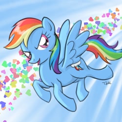 Size: 640x640 | Tagged: safe, artist:giantmosquito, character:rainbow dash, species:pegasus, species:pony, g4, female, flying, heart, mare, solo