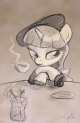 Size: 528x816 | Tagged: safe, artist:giantmosquito, character:rarity, species:pony, species:unicorn, g4, adobe imageready, audrey hepburn, beatnik rarity, beret, cafe, clothing, female, hat, mare, sketch, solo, tea
