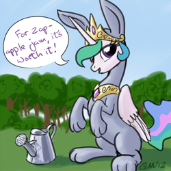 Size: 640x640 | Tagged: safe, artist:giantmosquito, character:princess celestia, species:alicorn, species:pony, g4, bunny costume, clothing, cute, cutelestia, dialogue, female, lidded eyes, mare, open mouth, sitting, smiling, solo, watering can, zap apple